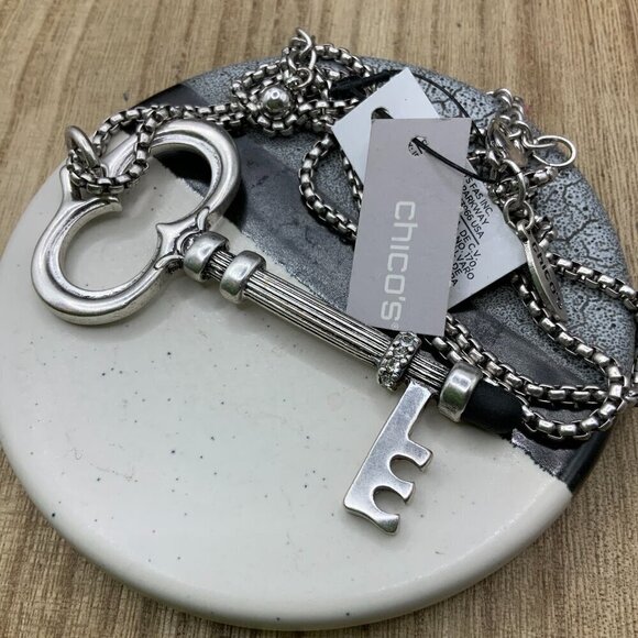 Chico's NWT Skelton Key Silver Tone Long Chain Necklace - Picture 1 of 5